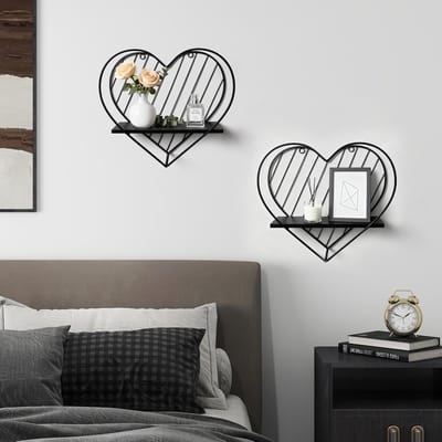 Famanu - metalen wandplank hartvormig, zwart, industrieel design voor slaapkamer of badkamer
