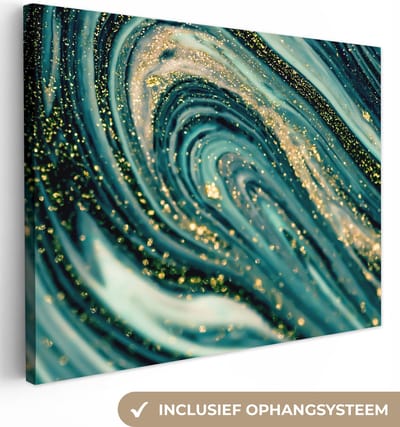 Canvas schilderij 40x30 cm - Wanddecoratie Marmerlook - Luxe - Goud - Turquoise - Glitter - Muurdecoratie woonkamer - Slaapkamer decoratie - Kamer accessoires - Schilderijen op canvas