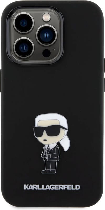 Karl Lagerfeld Silicone Ikonik Metal Pin - iPhone 15 Pro Case - Zwart - Elegant Ontwerp - Luxe Afwerking
