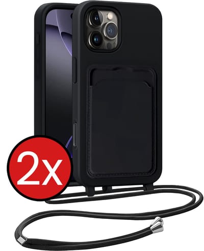 Hoesje Geschikt voor iPhone 16 Pro Max Hoesje Met Telefoonkoord en Pasjeshouder Siliconen - Hoes Geschikt voor iPhone 16 Pro Max Hoesje Met Kaarthouder Case - Zwart - 2 PACK