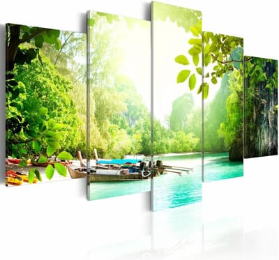 Schilderij - Het Meer, 5luik , groen blauw , wanddecoratie , premium print op canvas