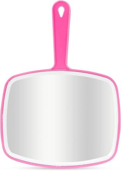Handspiegel 26,5 x 18,8 cm, Make-up Spiegel met Handvat en Ophanggaatje voor Scheren en Make-up in Roze, Perfect voor Thuisgebruik en Reizen
