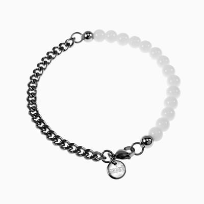 21cm x 6,5mm Witte Kralen Armband Heren - Roestvrij Staal - Cubaanse Schakelarmband met Agaatstenen