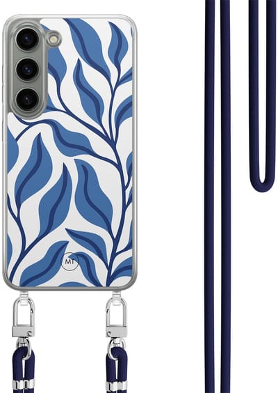 Hoesje met koord geschikt voor Samsung Galaxy S23 - Blue leaves - Inclusief Donkerblauw koord - Crossbody beschermhoes - Transparant, Blauw - Mooie Telefoonhoesjes
