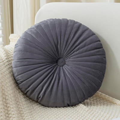 Elero Fluwelen rond sierkussen, geplooid, rond kussen, decoratie voor bank, stoel, bed, auto, donkergrijs