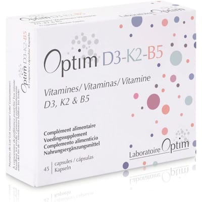 Optim D3-K2-B5 - Vitamine D3 K2 met vitamine B5 - 45 capsules - Vegan Supplement - Vitamine d3 25 mcg 1000 ie - Vitamine K Menaquinone-7 MK-7 - Botten en Immuunsysteem
