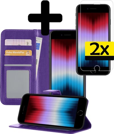 Hoesje - Met 2x Screenprotector - Geschikt voor Apple iPhone SE (2022) - Luxe Pasjeshouder - Bookcase Portemonee - Flip Case - Kunstleer Book Case - Flipcase Hoes - Book Cover - Walletcase - Portemonneehoes - Telefoonhoesjes - Paars