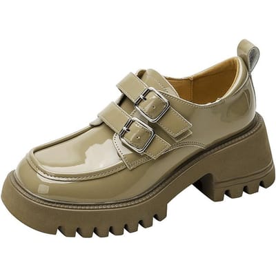 Loafers Dames Lente en Herfst Nieuwe Britse Stijl Dikke Zool Vierkante Neus Retro Gesp Kleine Leren Schoenen Dames Dikke Hak Enkelschoenen 34 beige