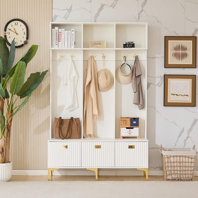 Komhtom Kledingrekken Garderobe set open opbergruimte en 6 haken moderne gouden poten Wit
