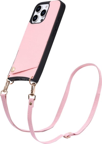 Casemania Hoesje Geschikt voor Apple iPhone 16 Pro - Back Cover met Draagkoord - Pasjeshouder Hoes met Bandje - Crossbody Telefoonhoesje - Lanyard Case - Roze