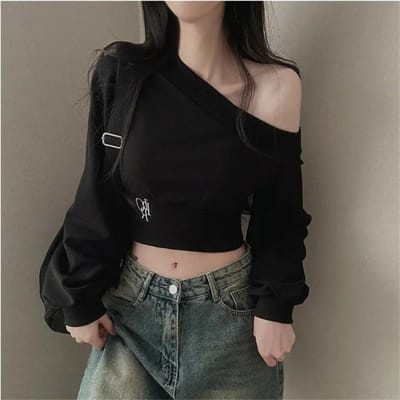 Dames Onregelmatige Scheve Kraag Tops Herfst Winter Lange Mouw Crop Top Sexy Off Shoulder Hoodies Mode Korte Pullover Sweatshirt M zwart