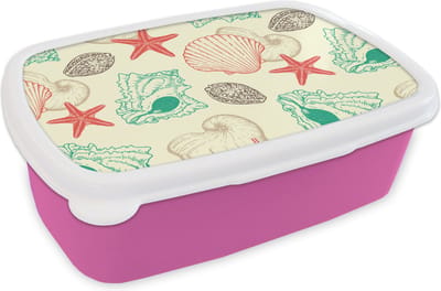 Broodtrommel Roze - Lunchbox - Brooddoos - Schelpen - Zeester - Strand - Vintage - Patroon - 18x12x6 cm - Kinderen - Meisje