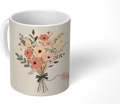 Mok - Koffiemok - Bloemen - Quote - Beige - Lint - Mokken - 350 ML - Beker - Koffiemokken - Theemok - Mok met Tekst