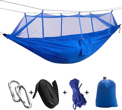 Dubbele Nylon Hangmat - Draagbare Schommel - Buiten Ontspannen - Met Geïntegreerde Klamboe - 260 x 140 cm - Blauw