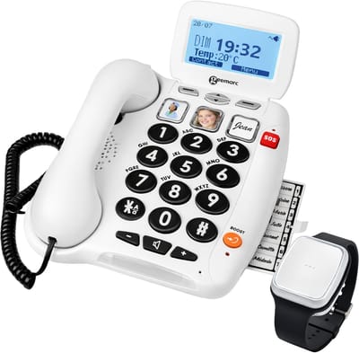 Geemarc, Senioren 40 dB Telefoon met SOS Armband en Valdetectie, Wit
