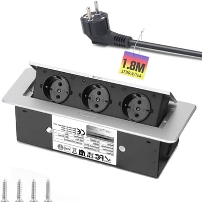 Thuys – Inschuifbaar Inbouwstopcontact – 3500 W / 16 A / 230 V, Verzonken Stekkerdoos met 1,8 m Kabel – Zilver