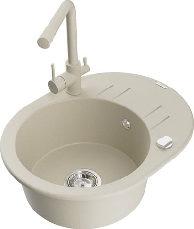 Mexen Kevin granieten spoelbak 1-komor met afdruiprek en keukenkraan Duero, beige - 6517-69-671600-69