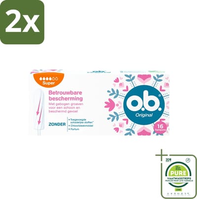 o.b. Tampons - Original Super - Gebogen Groeven - Voor Betrouwbare Bescherming - 16 Tampons - Voordeelverpakking - 2 stuks - Tampons - Menstruatiebescherming