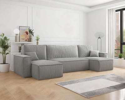 U-bank Frenkie - Ribstof - Grijs - Slaapbank met opbergruimte - Lounge Links of Rechts - Direct Leverbaar - U-zetel - Chaise longue - Zetel met slaapgedeelte - 4 zits - Zitcomfort Medium