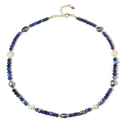 Cavill - Zilveren Halsketting - 925 Sterling Zilver Verguld - Zoetwaterparels & Sodaliet 66 ct - Gouden Hematiet 5,5 ct - Verstelbaar