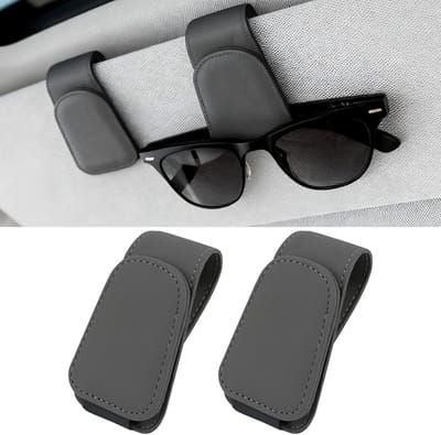 2 Stuks Magnetische Lederen Brillenhouder voor Auto, Universeel, Voor Zonnebril en Kaarten, Clip voor Visier, Praktisch Auto Accessoire (Grijs)