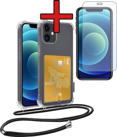 Hoesje Geschikt voor iPhone 12 Hoesje Met Telefoonkoord en Pasjeshouder Met Screenprotector Siliconen - Hoes Geschikt voor iPhone 12 Hoesje Met Kaarthouder Shock Proof Case - Transparant
