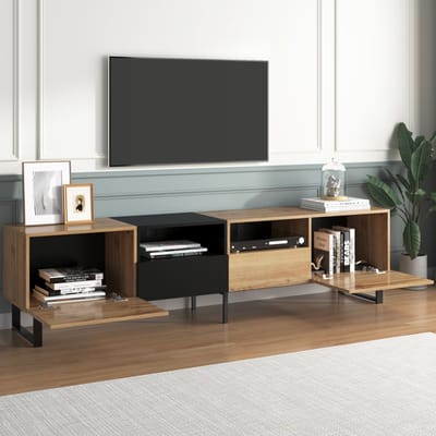 DESMIU Tv Meubel - Modern Design Met 2 Deuren En 2 Lades - Veel Opbergruimte Voor Woonkamer - MDF In Zwart En Houtkleur - 190x38x48 Cm