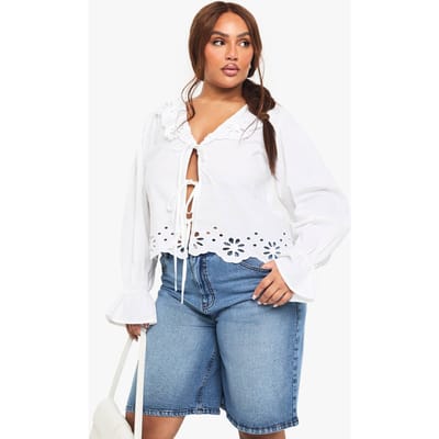 boohoo Dames Plus Borduur Strik Detail Blouse | White | Maat: 18