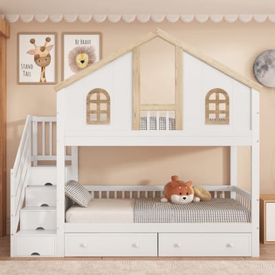 Sweiko Stapelbed - 90x200 cm - 2 laden - Den + MDF - Wit + Natuurlijk