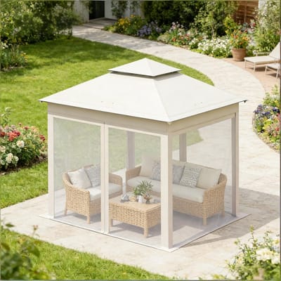 Wishdor Opvouwbare Partytent - Dubbel Dak Met Muggengaas En Verstelbare Hoogte - Voor Tuin En Kamperen - Staal En Oxfordstof - Beige - 3 X 3 X 2,76 M