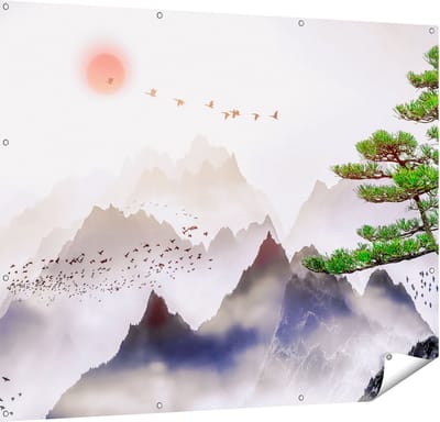 Gards Tuinposter Bergenlandschap met een Boom - Abstract - 150x120 cm - Tuindoek - Tuindecoratie - Wanddecoratie buiten - Tuinschilderij