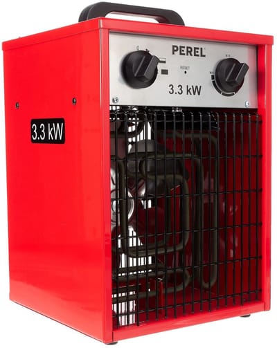 Perel Elektrische ventilatorkachel 3300W, 2 warmtestanden, thermostaat en koelstand, IP24, met oververhittingsbeveiliging, compacte draagbare heater voor werkplaats, garage, hobbyruimte