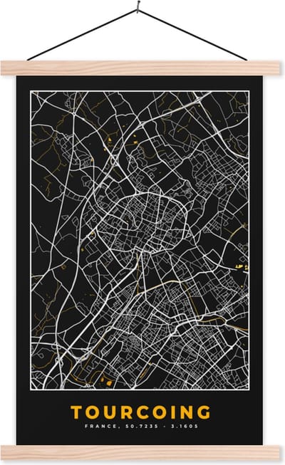 Posterhanger incl. Poster 40x60 cm - Schoolplaat - Frankrijk - Tourcoing - Stadskaart - Kaart - Plattegrond - Textielposter - Blanke latten - Stadskaart