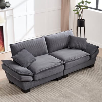 Een moderne, eenvoudige tweepersoonsbank met een comfortabel donzen bed. Eén kussen is voldoende; de bank is knus maar toch ruim en biedt voldoende plaats voor de woonkamer, slaapkamer of kantoor. Donkergrijs.