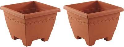 Hega Hogar Plantenbak - 2x - terracotta - vierkant - kunststof - Woon/tuinaccessoires/decoratie - Vierkante bloempotten/plantenpotten voor binnen/buiten
