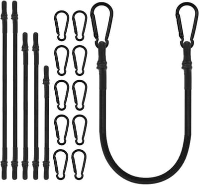 Karabiners set voor kampeertenten en tuinluifels - 6 stuks met zwarte elastische banden
