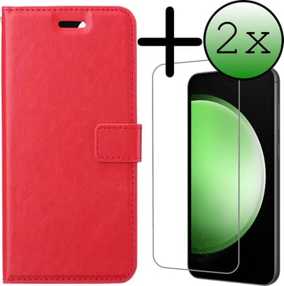 Hoesje Met 2x Screenprotector - Geschikt voor Samsung Galaxy S23 FE - Luxe Pasjeshouder - Bookcase Portemonee - Flip Case - Kunstleer Book Case - Flipcase Hoes - Book Cover - Walletcase - Portemonneehoes - Rood