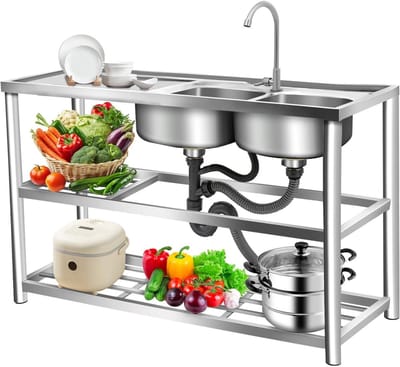 Gastronomische Keukenspoelbak 124 x 50 x 35 cm RVS Dubbele Kom met Afvoer en Kraan voor Het Schoonmaken van Servies, Pannen en Groenten