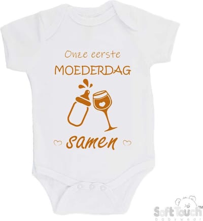 100% katoenen Romper "Onze eerste moederdag samen" Unisex Katoen Wit/tan Maat 56/62