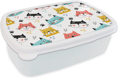 Broodtrommel Wit - Lunchbox - Brooddoos - Jongens - Patronen - Katten - 18x12x6 cm - Volwassenen