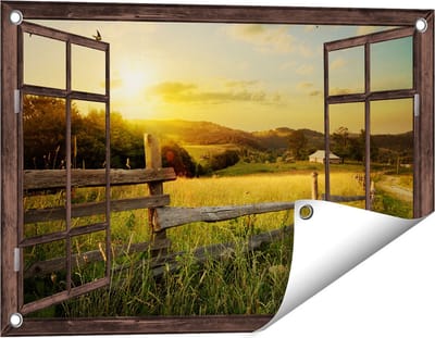 Gards Tuinposter Doorkijk Boerderij Hekken op het Grasveld - 60x40 cm - Tuindoek - Tuindecoratie - Wanddecoratie buiten - Tuinschilderij