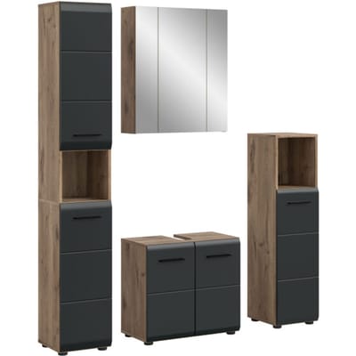 Moderne badcombinatie zwart-eik - 4-delige set met hoge kast en spiegelkast - 150x185x30cm