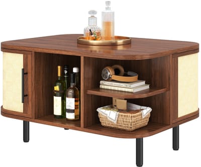 Salontafel - Gebogen Ontwerp met Gevlochten Front - Opbergruimte en Metalen Poten - MDF Metaal - Houtkleur
