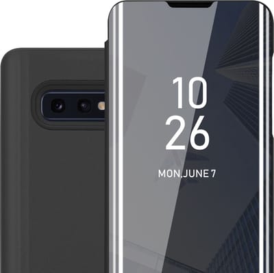 Cadorabo Hoesje geschikt voor Samsung Galaxy S10e in TOERMALIJN ZWART - Clear View Spiegel Beschermende Case met Tribunefunctie 360 Graden Bescherming Book Case Cover Etui