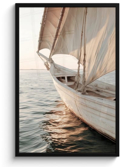 Poster in lijst - Fotolijst 60x90 cm - Posters - Zeilboot - Zee - Beige - Zon - Posterlijst zwart - Decoratie - Wanddecoratie woonkamer - Muurdecoratie slaapkamer
