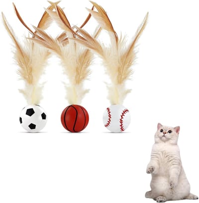 Thijox - Kattenspeelbal Set 3 Stuks met Veer - Kleurrijke Interactieve Speeltjes voor Indoor Katten - Ergonomisch, Plastic en Veren, Maat M, Voetbal,