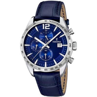 Festina Timeless Chronograaf Leren Band Blauwe Wijzerplaat Quartz F16760-3 Herenhorloge blauw