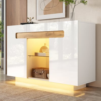 OKWISH Dressoir Met Ledverlichting – 120x40x80 Cm – 4 Vakken En Open Middenvak – Hoogglans Fronten – Wit En Natuurhoutlook