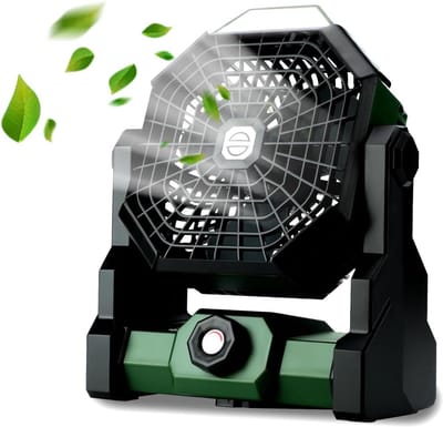 Oplaadbare Draagbare Camping Ventilator Met LED Lantaarn, 270° Rotatie, 8 Snelheden, Dubbele Motor, USB-C, Accu Voor Camping & Reizen, Groen