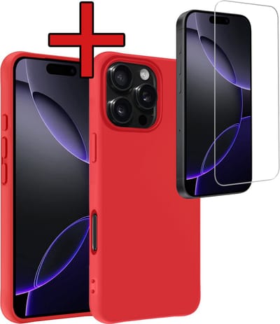 Hoesje - Met Screenprotector - Geschikt voor Apple iPhone 16 Pro - Sterk & Shockproof - Telefoon Hoes - Back Cover - Siliconen Case - Telefoonhoes - Rood